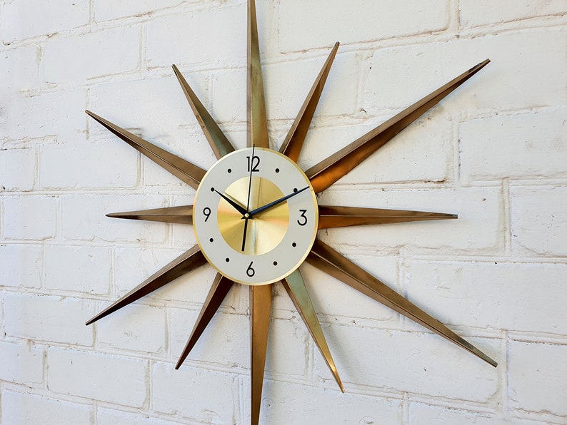 30 Gold Atomic clock Starburst unique wall clock George Nelson style Handmade 1970s sunburst vintage modern Nursery Brass Industrial clock image 9