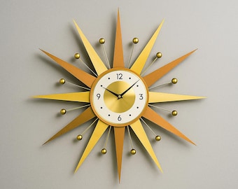 Handmade Mid Century Modern Starburst Wall Clock, Walnut & Amber