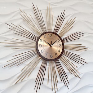 30" Gold and brown Sunburst clock Wind rose Wood clock Modern wall clock Wooden wall art nursery Scandinavian art Southern folk art