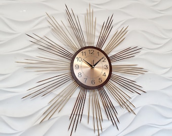 30" Gold and brown Sunburst clock Wind rose Wood clock Modern wall clock Wooden wall art nursery Scandinavian art Southern folk art