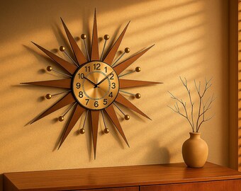 Mid-century Modern Sunburst Wall Clock: Walnut Wood & Brass