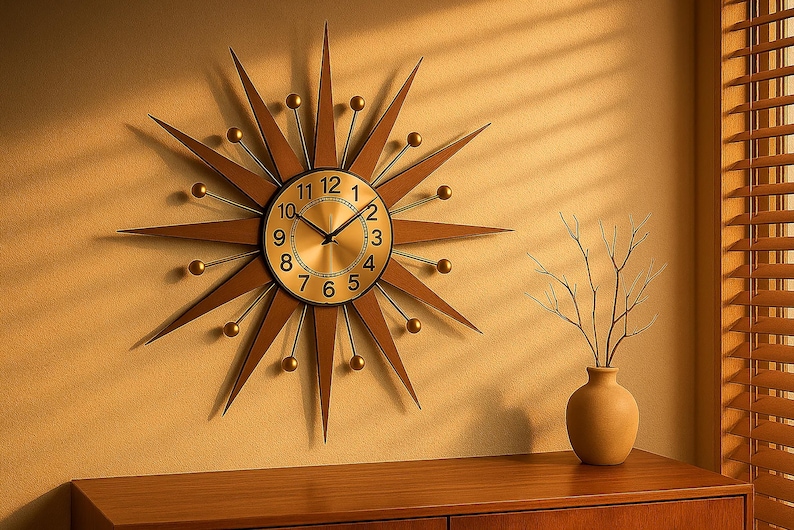 May include: A starburst-shaped wall clock with a gold face and black numerals. The clock has brown wooden rays and gold accents. A vase with branches sits on a wooden cabinet, with a window and blinds in the background.