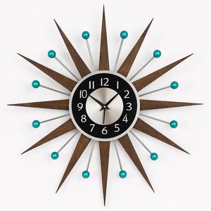 Mid Century Modern Starburst Wall Clock, Retro Atomic Sunburst Clock 30” 27”
