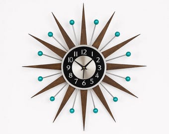 Mid Century Modern Starburst Wall Clock, Retro Atomic Sunburst Clock 30” 27”