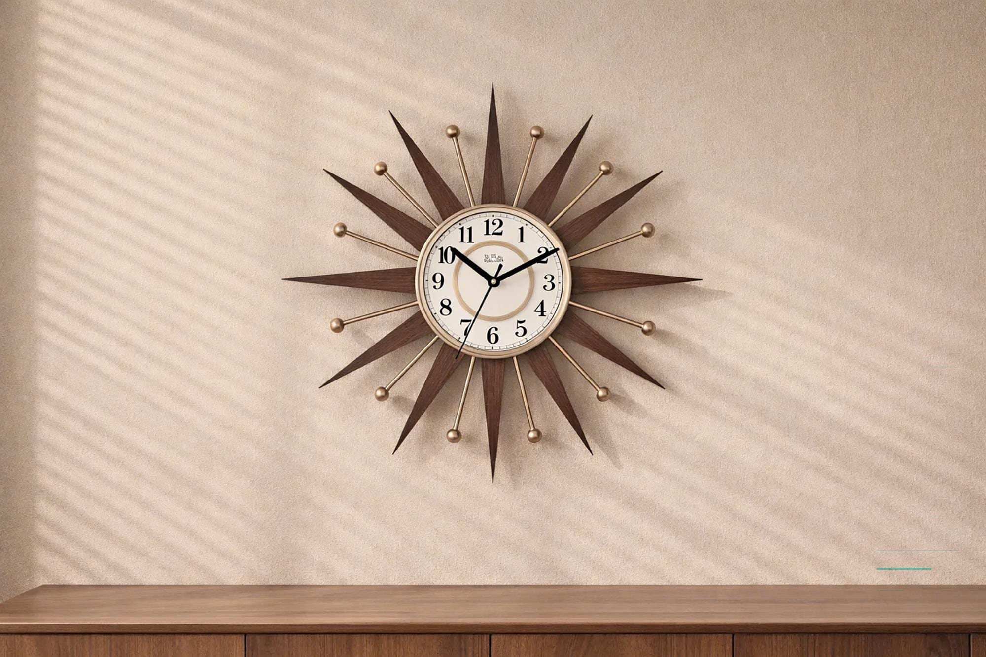 16 Inch Mid Century Modern Sunburst Clock, Atomic Starburst