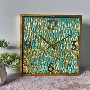 Reloj de pared único con decoración en turquesa y oro, arte de pared texturizado, estilo contemporáneo, reloj de repisa antiguo moderno de mediados de siglo, reloj de estante antiguo