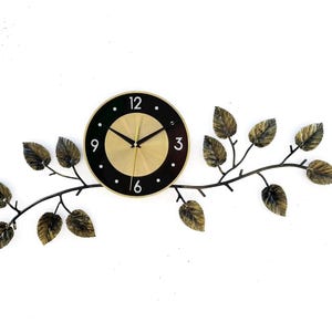 Vintage Metal Wall Clock: Gold Floral Branch Decor