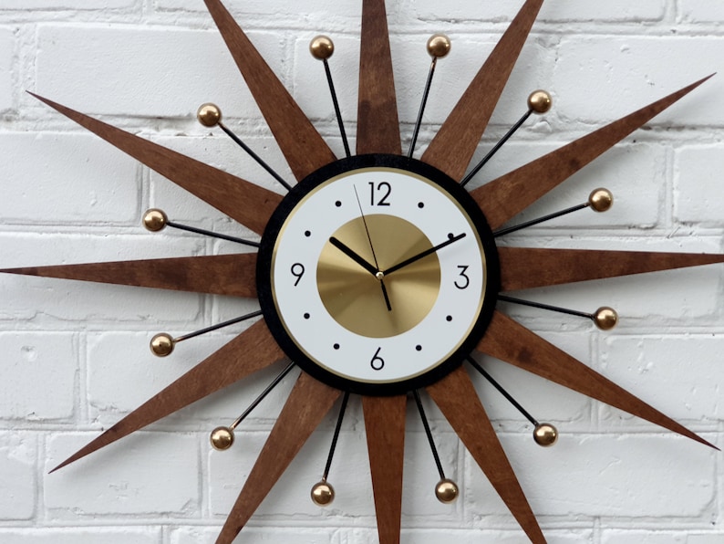 30 26 Atomic wall clock Starburst Clock George Nelson style 1970s Handmade sunburst Brass Gold Large clock vintage modern Industrial clock image 5