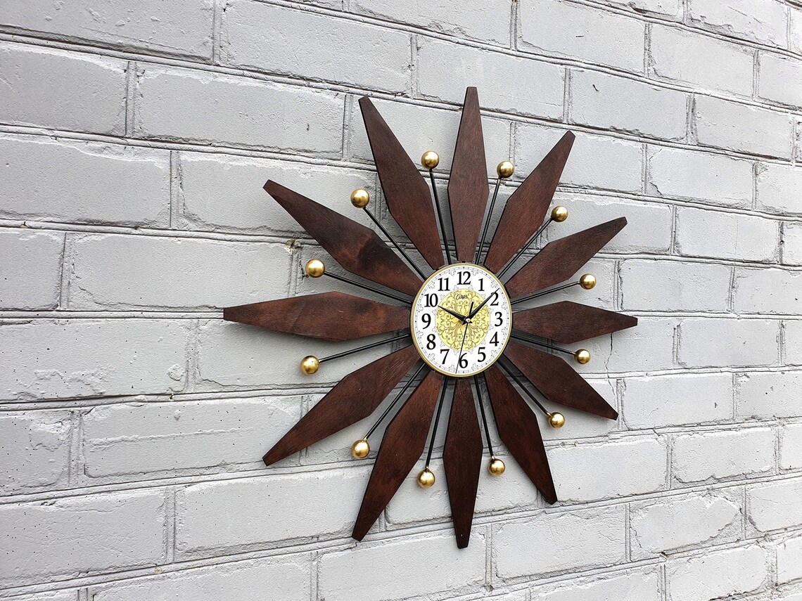 Starburst clock Large wall clock Sunburst wall art Wooden Etsy
