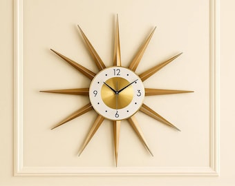 Gold Chrome Sunburst Wall Clock: Mid Century Modern Atomic Design