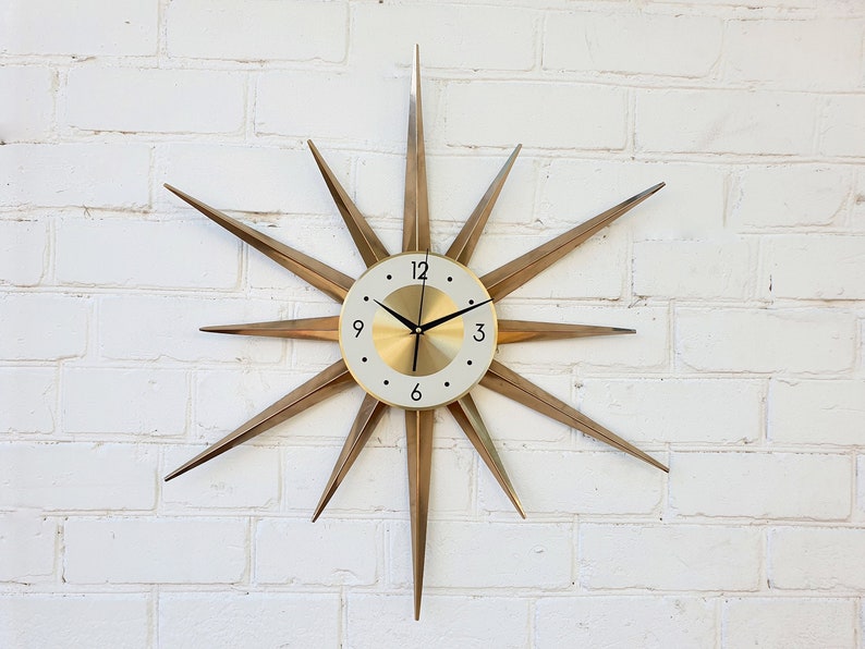 30 Gold Atomic clock Starburst unique wall clock George Nelson style Handmade 1970s sunburst vintage modern Nursery Brass Industrial clock image 1