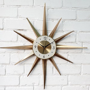 30" Gold Atomic clock Starburst wall clock George Nelson style Handmade 1970s sunburst vintage modern Nursery Brass  1950s atomic retro