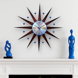 Mid Century Modern Starburst Wall Clock 27&quot; 30&quot; Retro Atomic Clock with Dark Walnut Wood Spikes and Blue Accents Handmade Silent Wall Decor