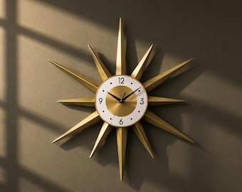 Gold Starburst Wall Clock, 23 and 30 inch Mid Century Modern Metal Sunburst Decor