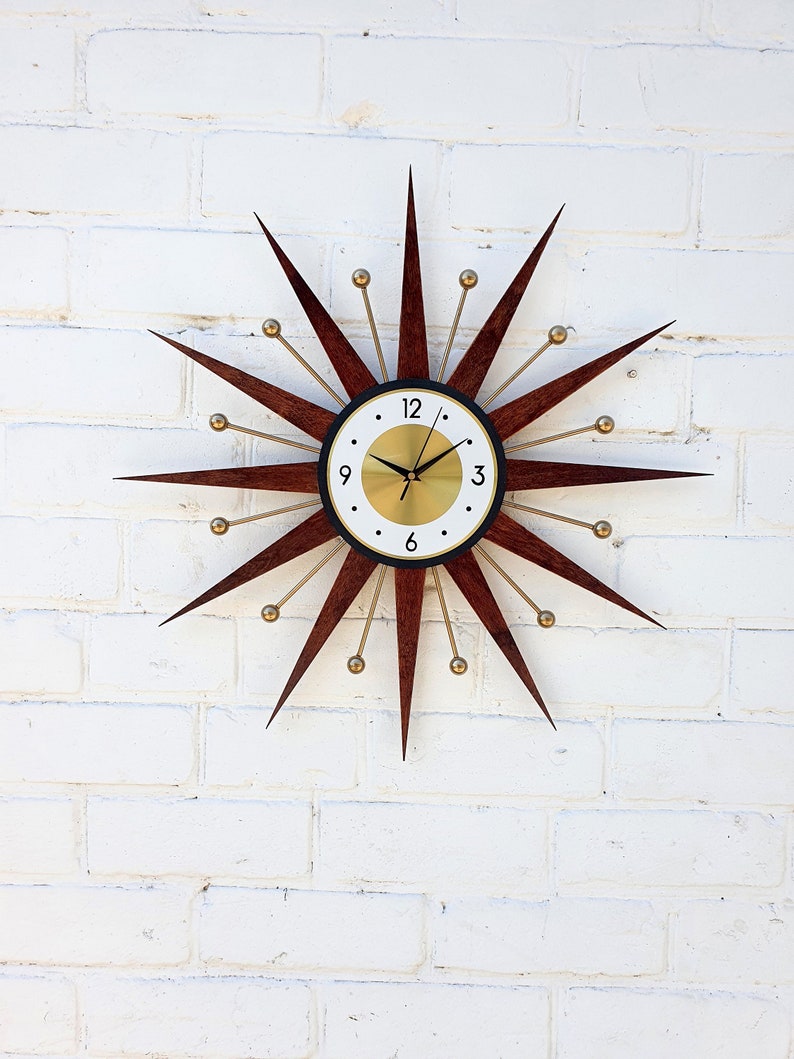 25 Starburst wall clock Atomic retro clock Gold George Nelson style Handmade 1970s sunburst vintage modern Nursery Brass Industrial clock image 2