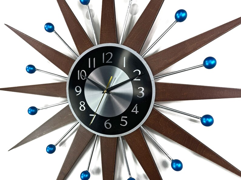 3027 Blue accents George nelson sunburst clock Unique Wall Clock in 1970s style Starburst clock mid century Large wall clock image 2