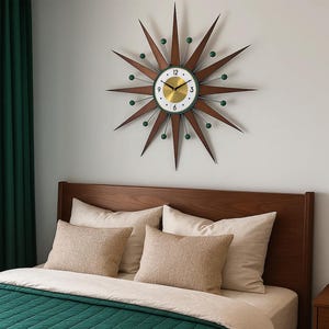 Teak Starburst Wall Clock: Mid Century Modern Atomic Design