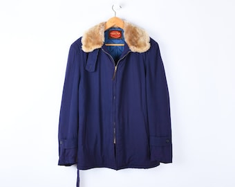 Vintage 70s Faux-Fur-Collar Jacket with Quilted Lining – Navy Blue - 1970s Vintage Jacket