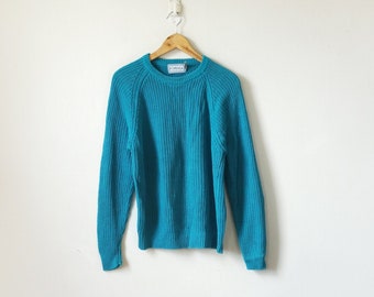 90s Teal Knit Sweater - vintage, oversized, solid color - S