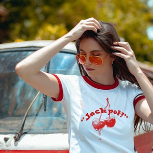 Jackpot! & Cherries Ringer Tee - Retro Stripe T-Shirt