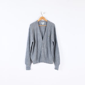 Vintage 90s Izod Lacoste Orlon Knit Grey Cardigan - oversized, sweater, formal, academia - Masculino L