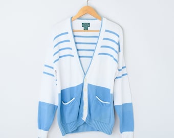 Vintage 90s Izod Blue & White Knit Cardigan - Nineties, Cotton