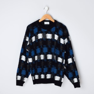 Vintage 90s Blue & Black Check Knit Sweater - nineties, oversized, made in usa - Men&#39;s L