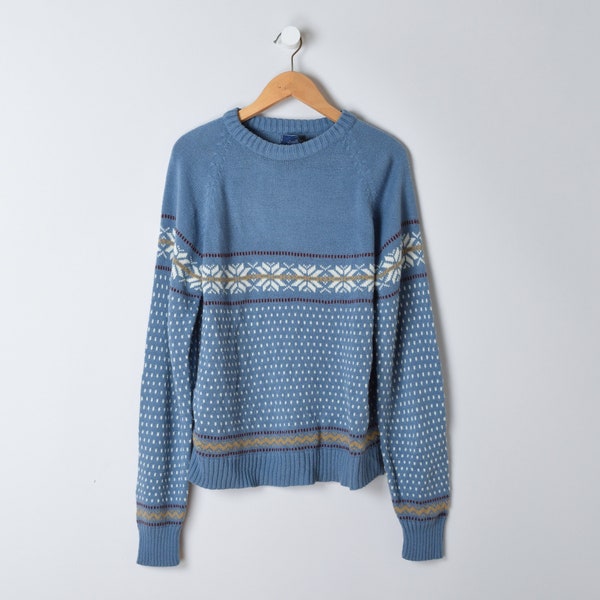 90s Blue-Gray Fair Isle Sweater - oversized, knit, blue & white - Men's M