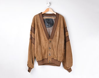 Vintage 70s Torras Spanish Suede Cardigan - knit trim, satin lining, two pockets, made in Spain - Men's XL