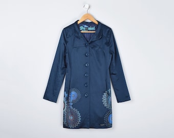 Vintage y2k Desigual Printed Navy Satin Coat - 2000s, psychedelic, long coat - Women's L (Tag size 42)