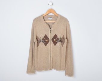 Pull à glissière brodé à losanges marron clair des années 90 - beige, marron, gilet, animaux - femme M