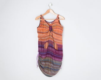 Vintage 90s Orange & Purple Ruched Mini Dress - striped, boho, hippie, sundress - Women's L