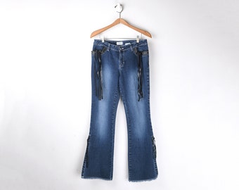 32x31 // Vintage Y2k Wide-Leg Jeans with Ribbons - Jordache, flared, side slits - Women's 11/12