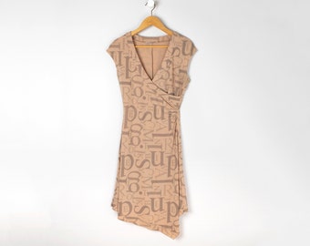 Vintage Y2k Taupe Letters Printed Midi Dress - 2000s, beige, cocktail, wrap - Women's M