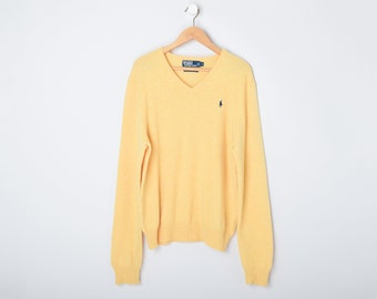 Vintage 90s Ralph Lauren Polo Cornflour Lambswool V-Neck Sweater - nineties, light yellow, preppy - Men&#39;s L