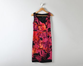 Vestido midi vintage rosa y negro Y2K - Elie Tahari, fucsia, naranja, rojo, ropa de los años 2000 - Talla 4 de mujer