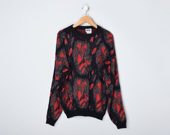 Pull en tricot abstrait rouge, noir et gris vintage des années 80 - pull oversize métallisé - homme XL