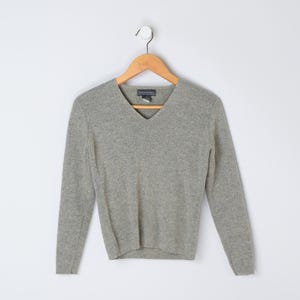 Suéter vintage de lã merino mesclada cinza/bege Y2K - gola V, cinza, malha, pulôver - Feminino M