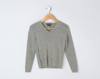 Vintage y2k Grey/Beige Marled Merino Wool Sweater - v-neck, gray, knit, pullover - Women's M