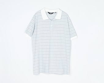 Vintage 90s Weiß & Grau gestreiftes Poloshirt - ""John Henry"" - dünn, leicht - Herren XL."