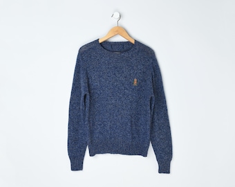 Pull en laine bleu foncé chiné vintage des années 90 -- polo Ralph lauren - Homme L