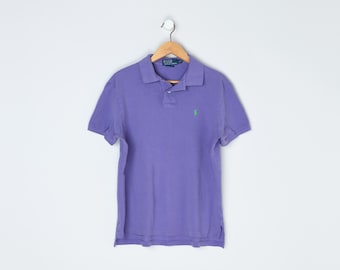 Vintage 90s Polo Ralph Lauren Lila Poloshirt - Neunzigerjahre, grünes Emblem, Knopfkragen - Herren L