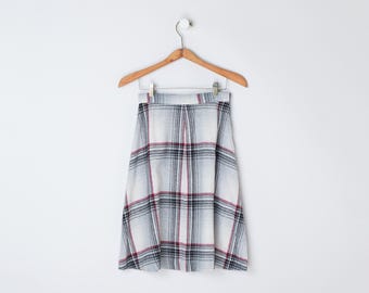 Gonna midi vintage anni '60 in tartan grigio chiaro e rosso scuro - Anni '60, anni Sessanta - Taglia S (26"W) da donna