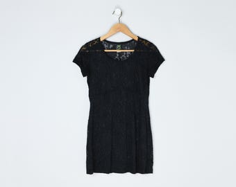 Vestido mini babydoll de encaje negro vintage Y2k: transparente, corto, ropa de los años 2000, estampado de rosas - Talla M para mujer