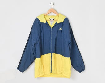 Vintage Adidas Steppjacke mit Kapuze aus den 90er-Jahren, blau-gelb – Vintage, Streetwear, Sportbekleidung – Herren L