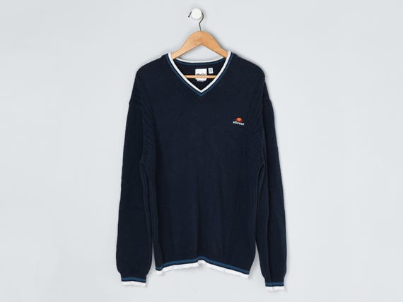 Vintage 90s Ellesse Navy V-Neck Striped Sweater - tennis, cable knit, dark blue - Men's XL