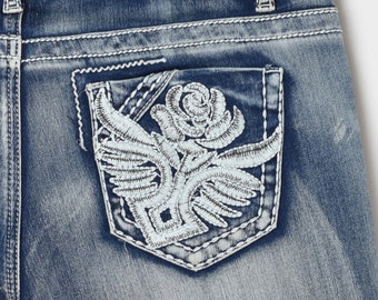 30x32 // Vaqueros ajustados vintage Y2k con bordados y costuras en contraste - años 2000, ropa emo, ajustados, tiro bajo, talla 9 para mujer, 30" x 32"
