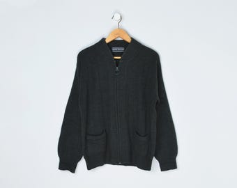 Vintage 90s Dark Forest Green Knit Jacket - "David Taylor" - bar knit, zip-up sweater, nineties - Men's M