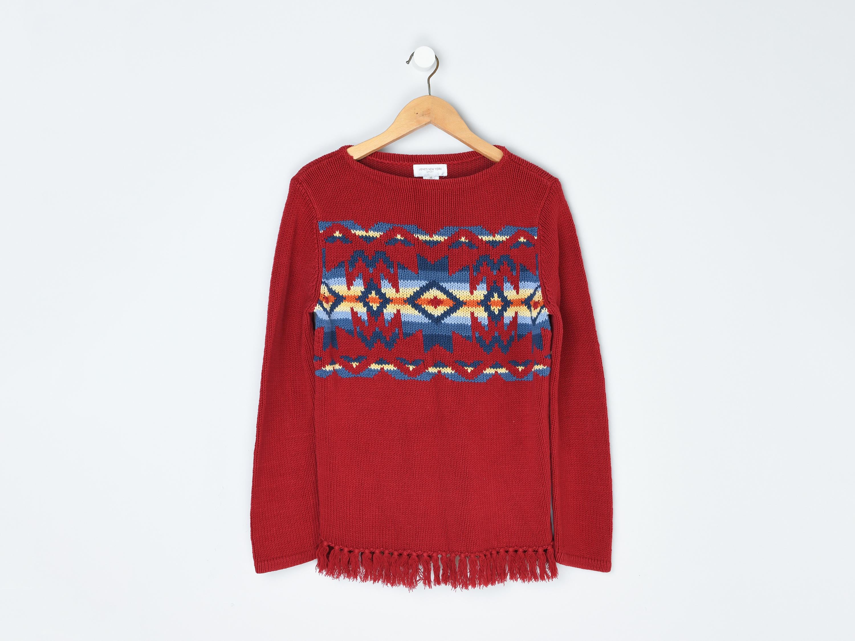Vintage 90s Red Patterned Sweater With Fringe - 
