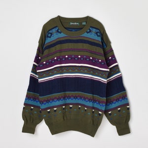 Vintage 90s Dark Green, Blue & Purple Knit Sweater - striped, cotton knit - Men&#39;s M